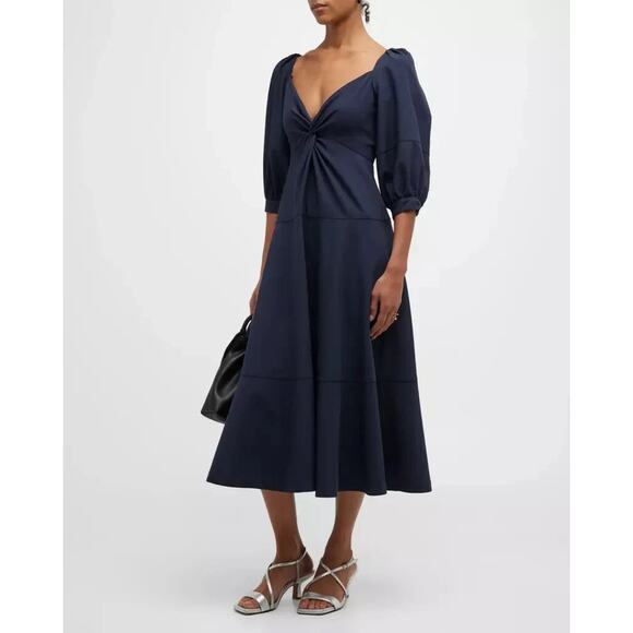 Cinq a Sept Kristina V-Neck Twisted-Front Midi Dress in Navy - Picture 2 of 10